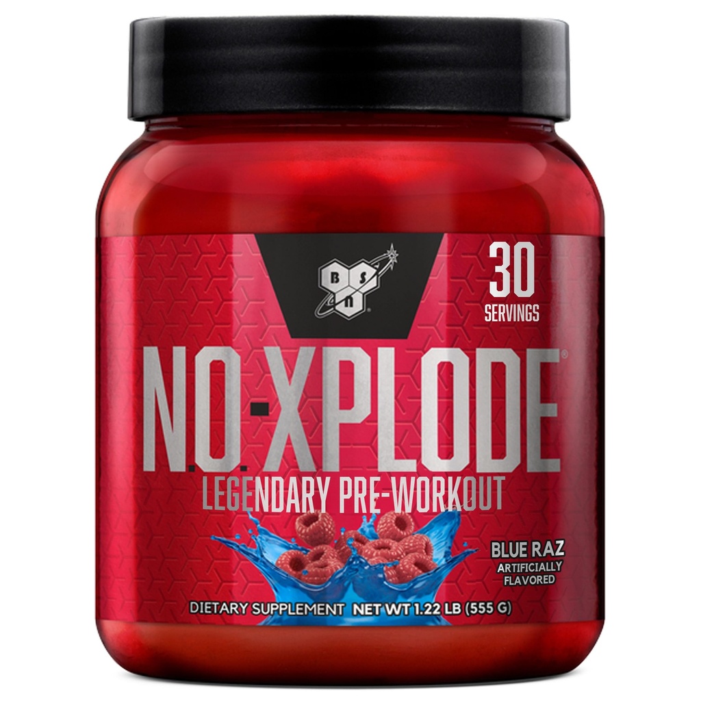 BSN N.O.-XPLODE Pre Workout Powder, 配有Creatine和Beta-Alanine的男女能量补充, Flavor: Blue Raz, 30 services