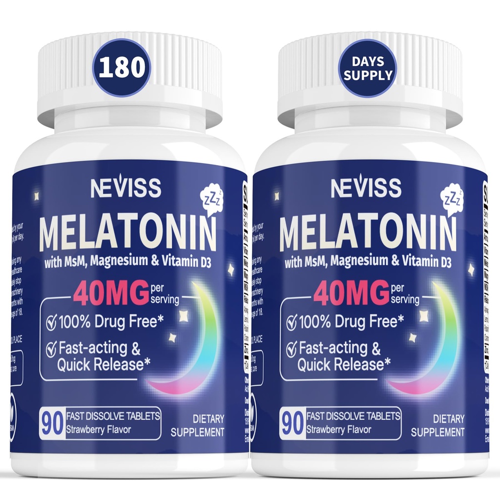成人的Melatonin 40毫克 - 快速溶解和化学亚语言睡眠补充剂 - 配有维生素D3 & MSM的超强Melatonin,健康休息周期的硒,深Zzzs,无糖,180种服务