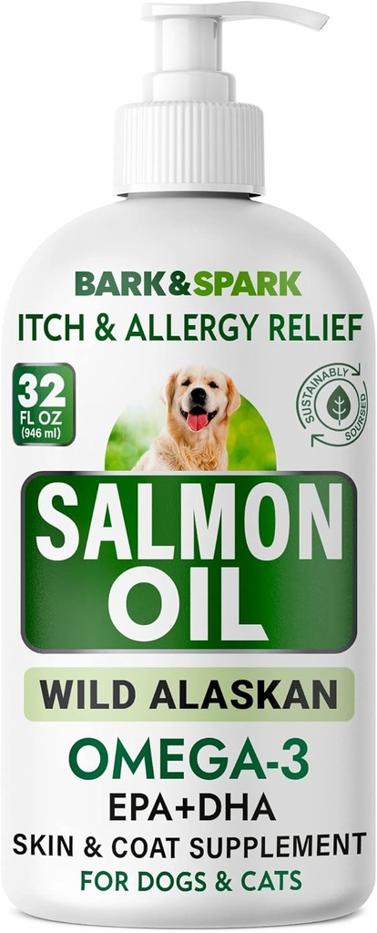 BARK&SPARK 对狗和猫的沙门油 - 天然Omega-3 对狗的鱼油 - 皮肤和煤炭支持 - 宠物的液体食品补充 - EPA+DHA 脂肪酸促进联合功能、免疫和心脏健康 32oz