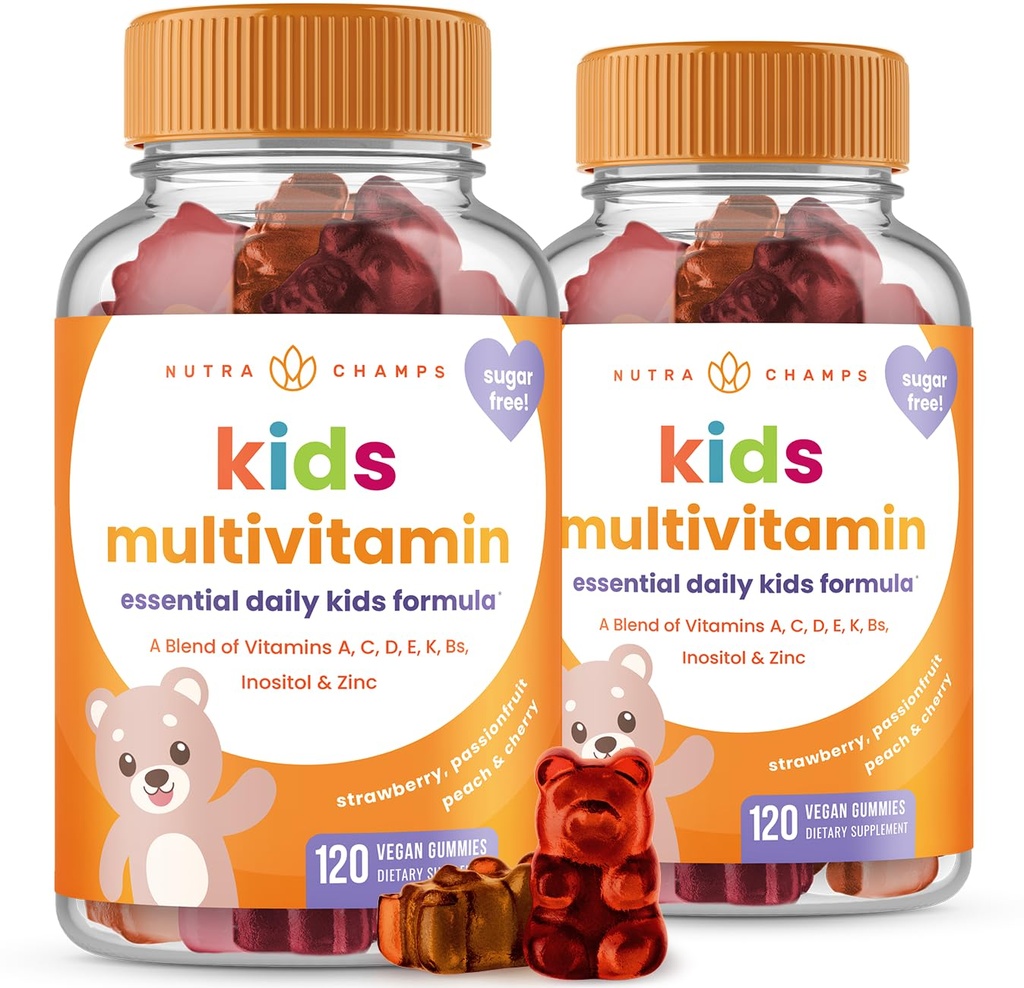120 Gummy Vitamins for Kids (Pack of 2),无糖儿童 Vitamins Gummy Multivitamin, Vegan & Non-GMO, 草莓, Passione果子, 桃子和樱桃