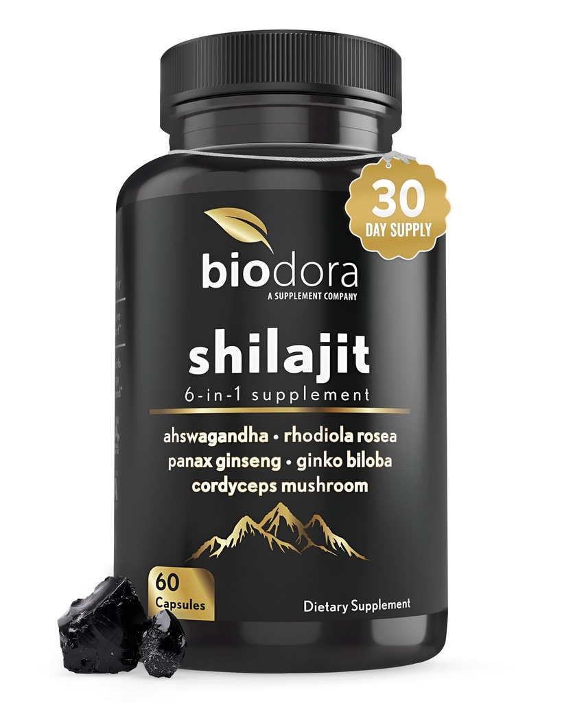 Shilajit 6-in-1 Shilajit Supplement 300mg, Mood and Energy Support 配有 60mg Pure Ashwagandha, Rhodiola Rosea Panax Ginseng 用于免疫支持、记忆和焦点, 85+ Trace Minerals, 60 Capsules