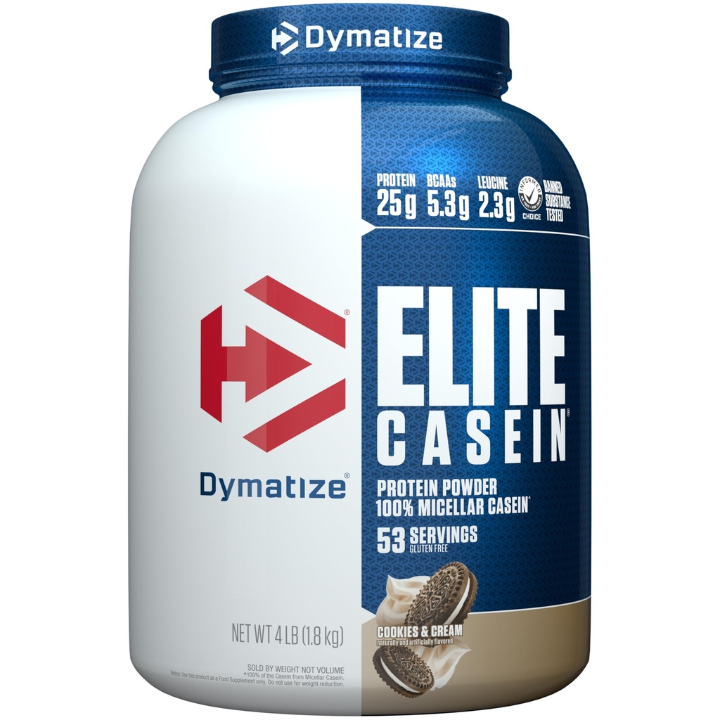 将 Elite Casein蛋白粉、饼干和奶油、100%的Micellar Casein、25g蛋白、5.4g BCAAs、2.3g Leucine、慢吸附过夜肌肉恢复、4磅(53次服务)