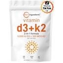 微成份 维生素 D3 5000 IU + K2 MK-7 100 mcg,300 Softgels → 2-in-1 Vitamins D&K Complex → Extra strongs, Easy to Swallow, Non-GMO, Gluten Free