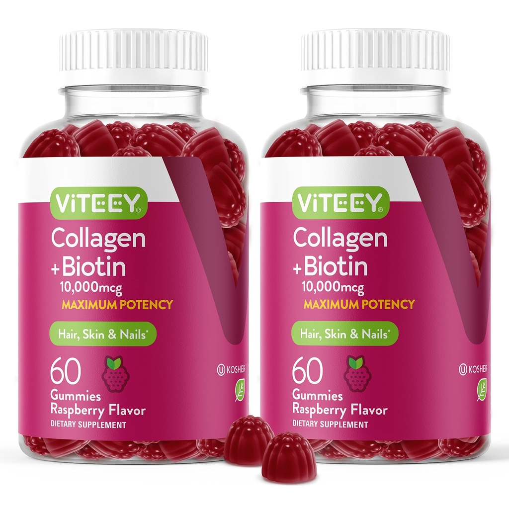 Viteey Collagen Gummys 与 Biotin Gummys 换发皮和直肠维生素 - Biotin 和 Collagen 补充 女性和男性 - Vegan, Gluten-Free - 120 计数
