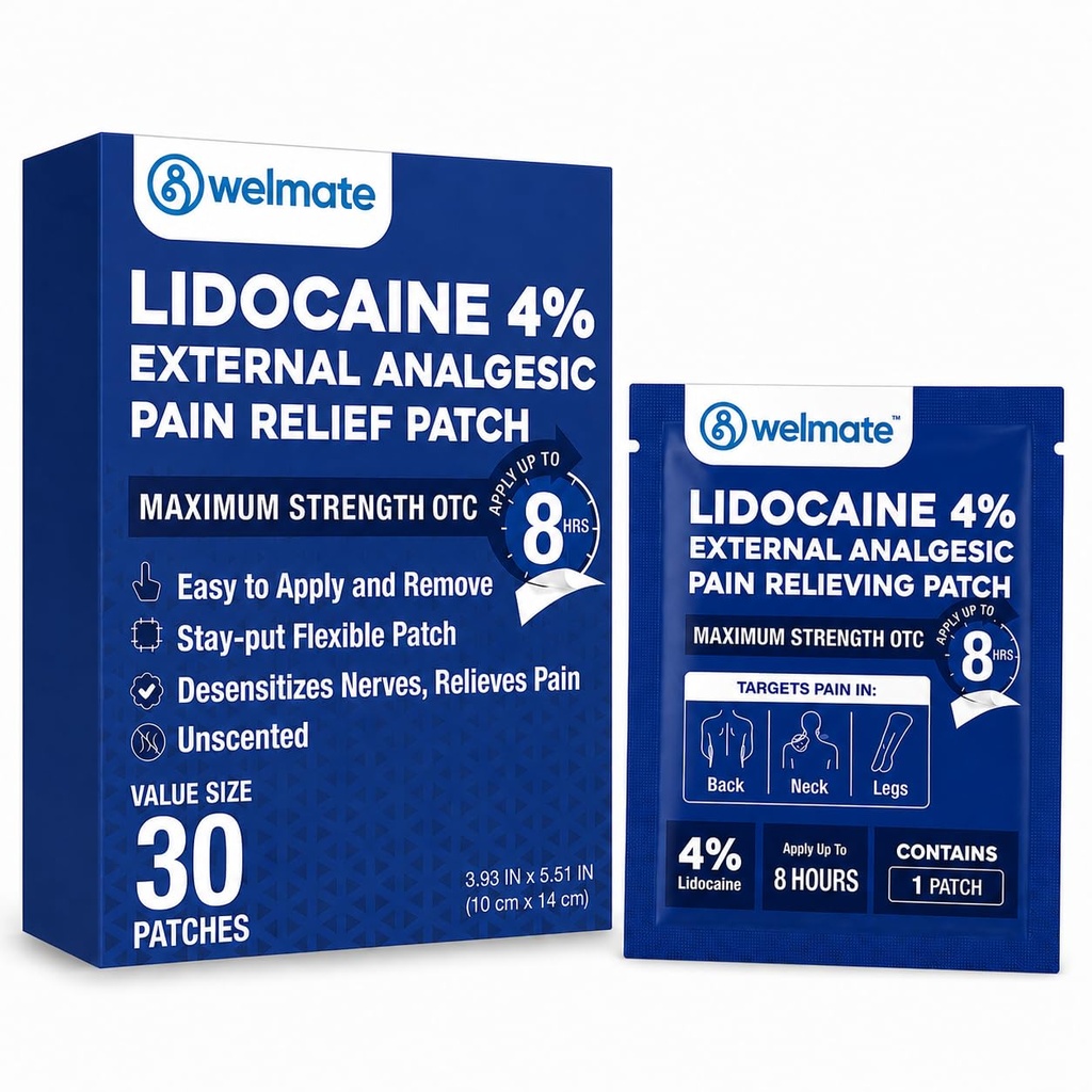 WELMATE - 4% Lidocaine Numbing 补丁 - 最大强度 - 暂时缓解疼痛,背部,颈部,肩部,膝盖,肘部,小皮肤刺激 - 主题麻醉剂 - 30厘米