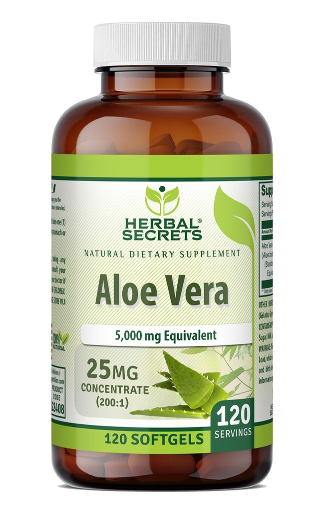 草药秘诀 Aloe Vera 25 Mg 焦距 200:1 → 5000 Mg 等效 → 120 Softgels → Non-GMO → Gluten-free → 制造于美国