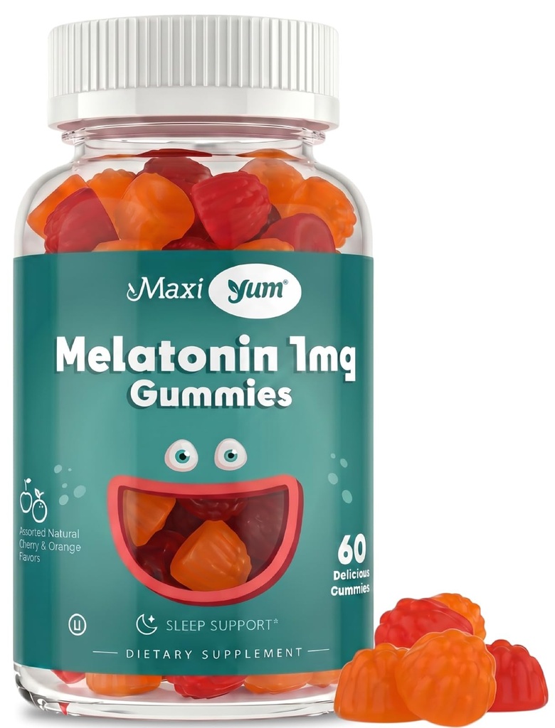 Maxi Health 1 mg Melatonin Gummys — Kids Melatonin Chewables with Natural Cherry & Orange Flavor — 成人和婴儿睡眠帮助补充支持休息之夜(60个伯爵)