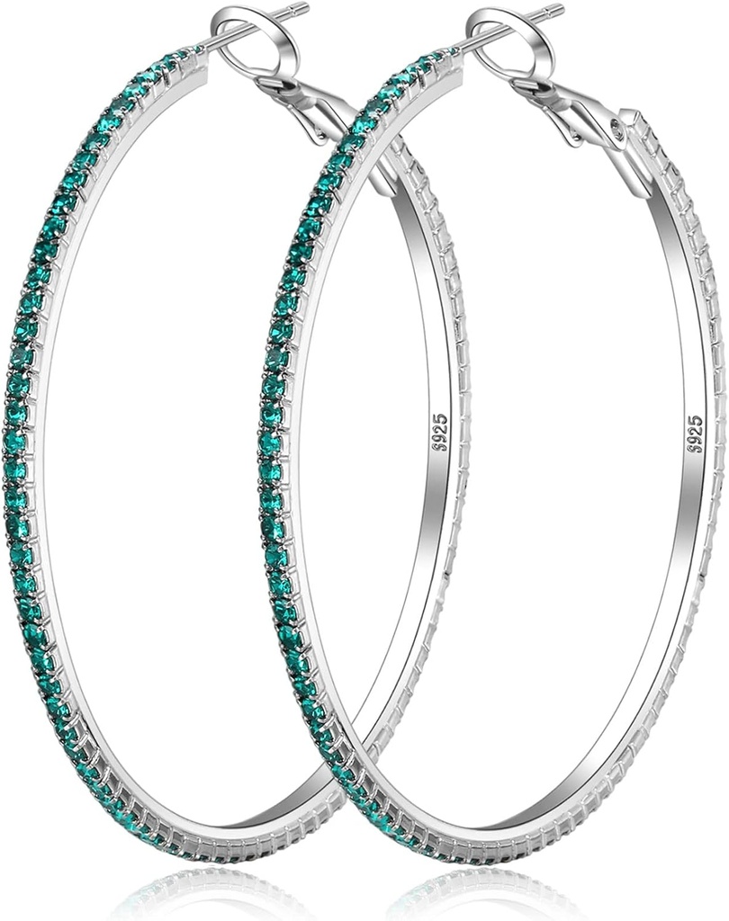 925 斯特林银耳 大型莱茵斯通 Hoop Earrings 大cubic Zirconia Hoop Earrings 薄莱茵斯通环形山女子耳环 20/30/40/50/60/70毫米口径 闪闪发光的Hoops 带有水晶的女性