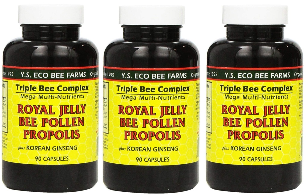 Y.S. Eco Bee Farms, (3 Pack) 皇家Jelly, Bee Pollen, Propolis, plus 韩国金森, 90 Capsules
