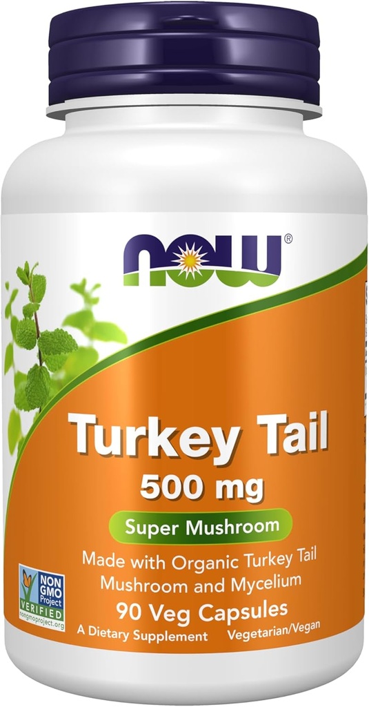 Now Foods Supplements, Turkey Tail 500 mg, 超级蘑菇, 用有机土耳其 Tail Mushroom 和 Mycelium, 90 Veg Capsules 制作的