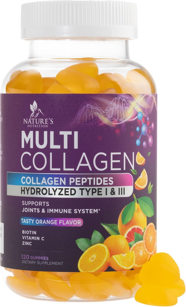 Collagen Peptides Gummys 配有 2500 mcg Biotin - 水解蛋白I型和III型 多Collagen 配有维生素C & Zinc - 支持头发,皮肤,钉子,口感橙色Flavor - 120 Gummys