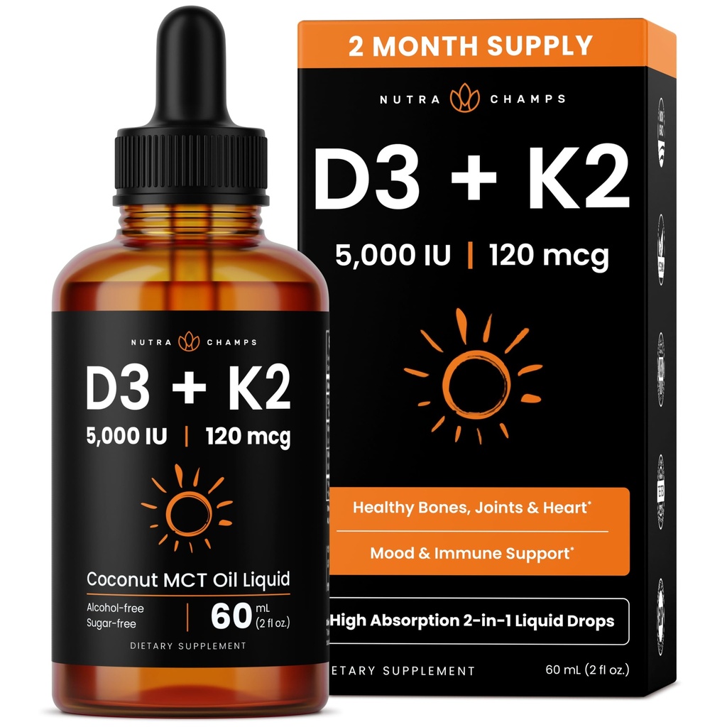 维生素 D3 K2 滴液,液体维生素 D3 5000 IU & K2 D3 配以 MK7, 维生素 D 滴液,用于儿童,骨骼,心脏和免疫健康,液体维生素 D 在MCT Oil 中更好地吸收