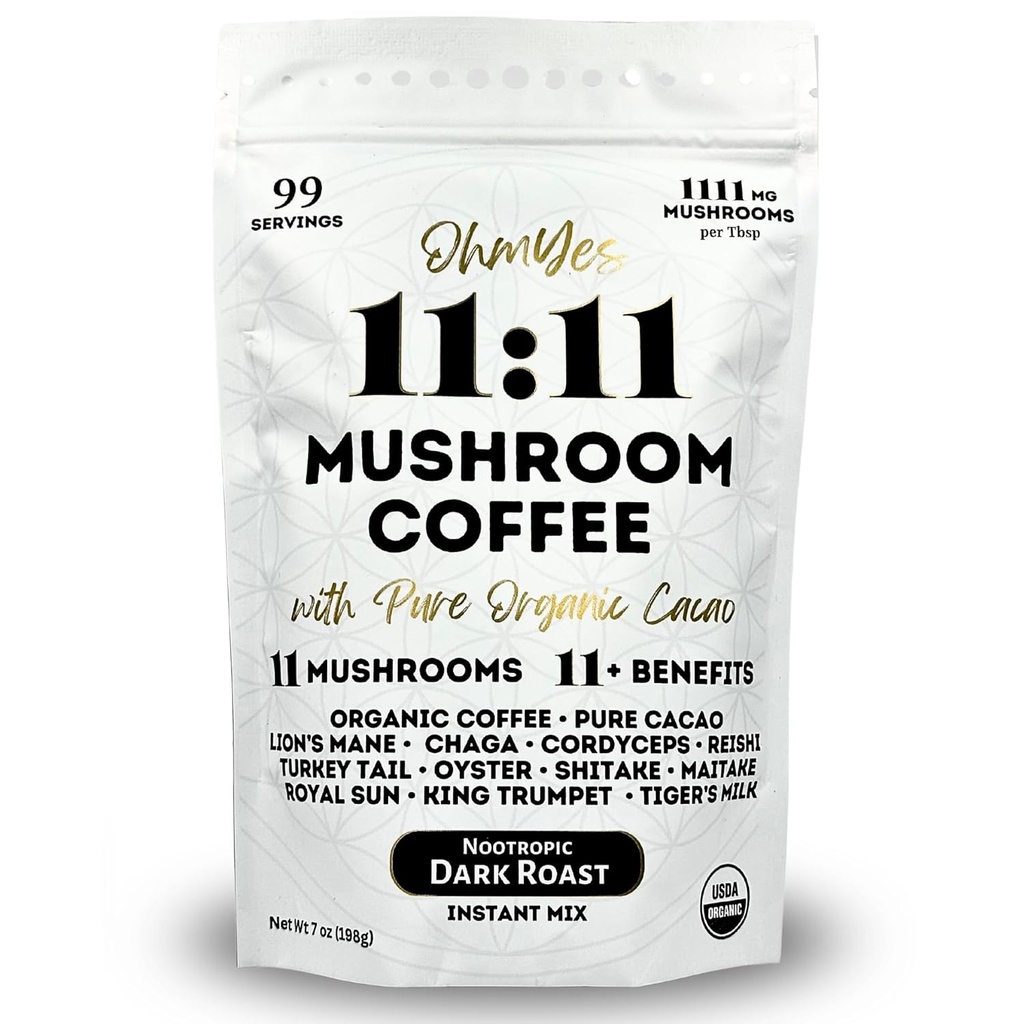 配有Cacao的11种蘑菇咖啡 — — 11种美国Grown 适应性蘑菇,用于聚焦,明亮和能源 — — 狮子的马恩,雷希,查加+诺热带有机超级食品,由Ohmyes(7oz)——99种服务