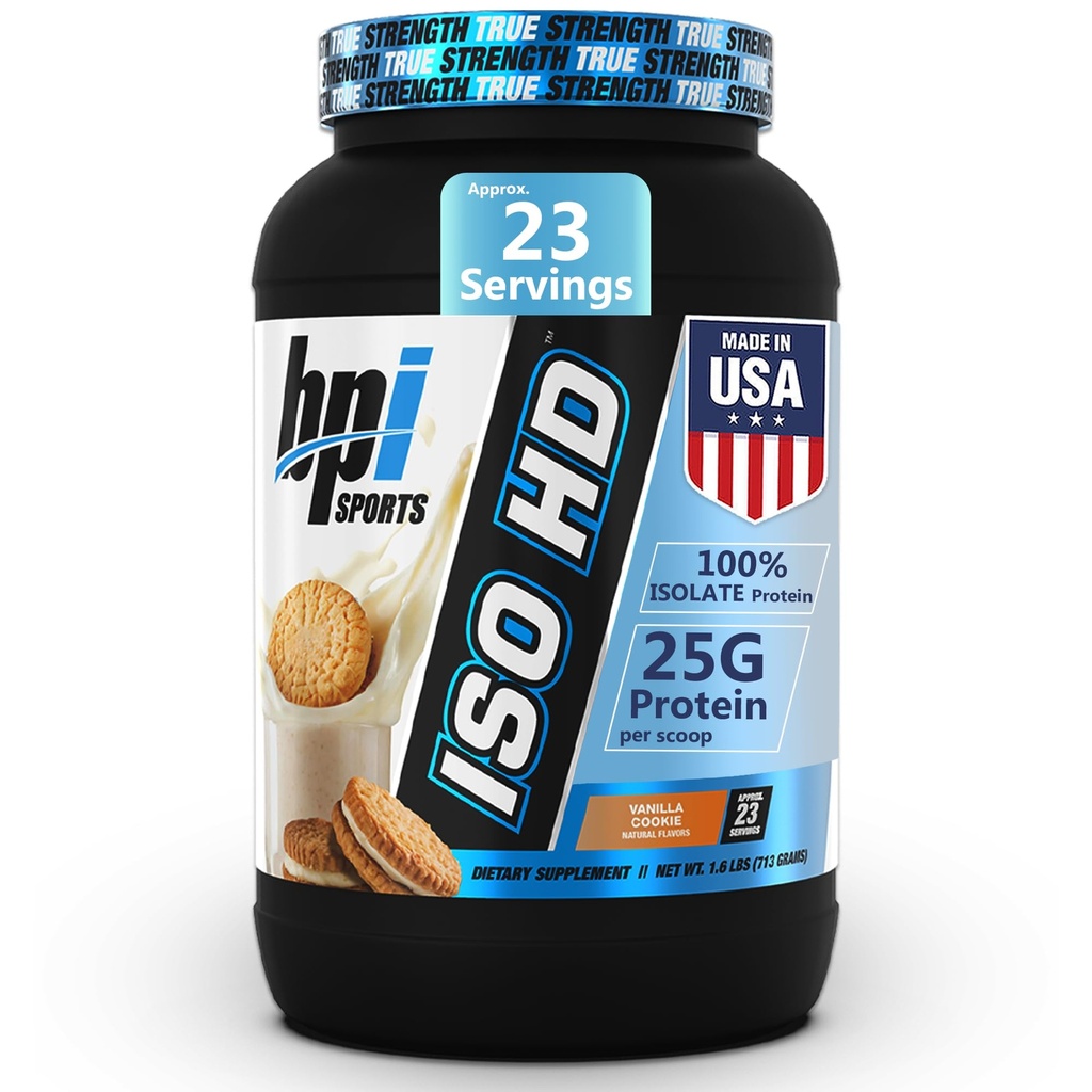 BPI 运动 ISO HD 隔离蛋白粉 — 100% Whei 隔离蛋白, 肌肉增益蛋白粉 - 香草 Cookie - 1.6 Lb - 23 服务