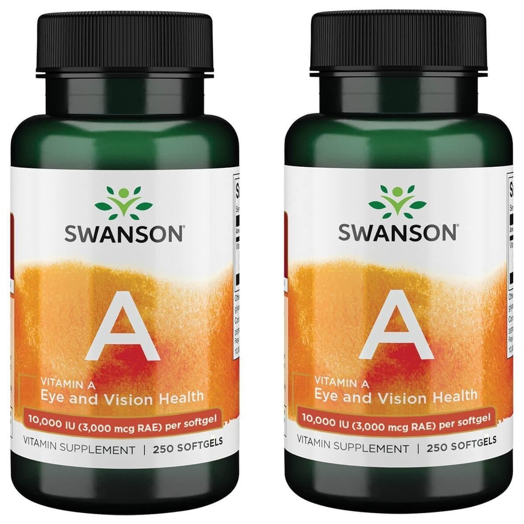 Swanson Vitamin A 10,000 IU (3,000 mcg RAE) 骨质自然营养,皮肤健康,视觉支持和免疫系统功能 - 高吸收维生素A 250软胶(2包)