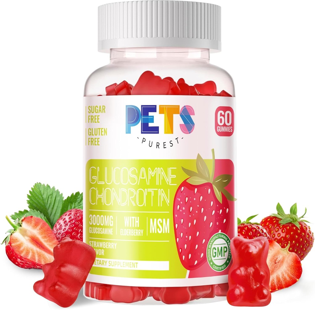 Pets Purest Glucosamine Chondroitin Gummys,配有MSM & Elderberry Extrastrance-联合支持,成人、男子和妇女抗氧化剂免疫支持补充剂。 草莓