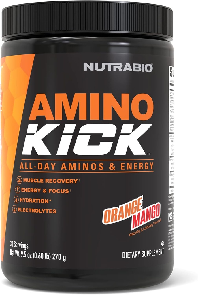 NutraBio Amino Kick – 含天然咖啡因的BCAA粉末 – 氨基酸对能源,水分和回收的补充 – BCAAs,电解剂和氨基酸 – 橙芒果,30种服务