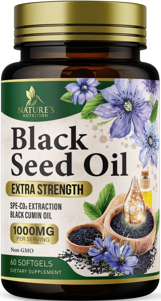 黑籽油软胶1000mg - Premium Nigella Sativa Blackseed,纯天然黑胶种子油和抗氧化剂用于皮肤和免疫支持 - 非转基因,在美国的瓶装 - 60 Softgels