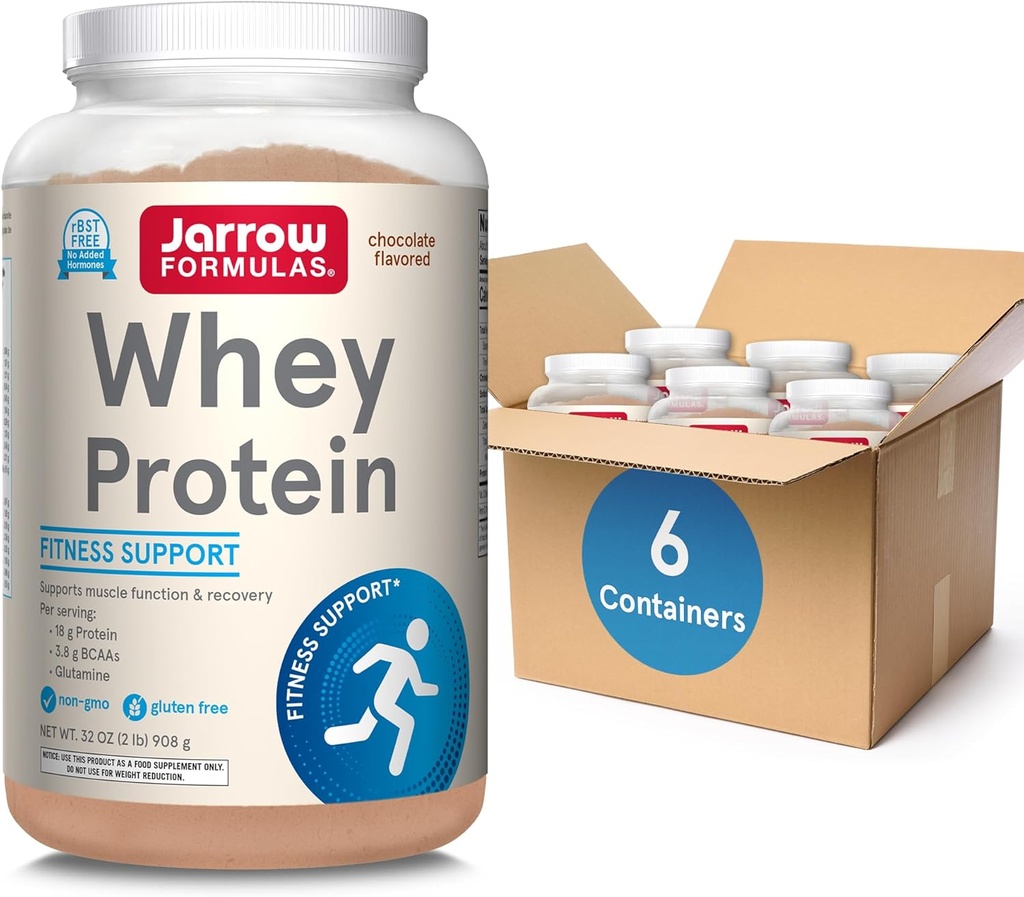 Jarrow Formulals Whey蛋白与蛋白18g的蛋白质,3.8g的BCAAs的蛋白质,以及Glutamine,肌肉功能和恢复支持的饮食补充,32oz巧克力火焰粉,约35天供应,包装6