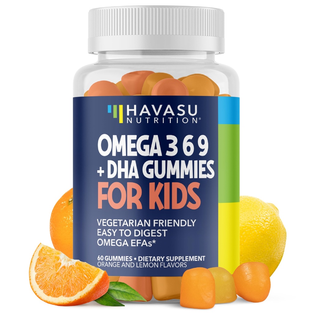 Omega 3 6 9 + DHA Gummys for Kids - Vegetarian, Plant-based fish Oil with DHA 和 EPA for Children 2+ 支持身体和大脑发育 - 无鱼味 - 柠檬和橙汁 - 60个计数