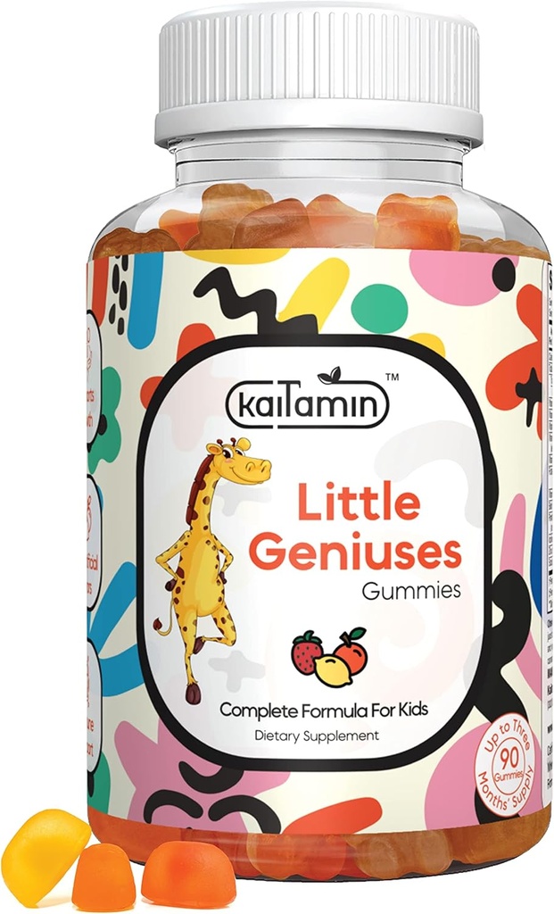 Kids Multivitamin Gummys Little Geniuses:维生素C,D3,锌,福拉多,用于豁免,智能,焦点,和增长. Vegan、N-GMO、有机型、无糖型 90 个月供应