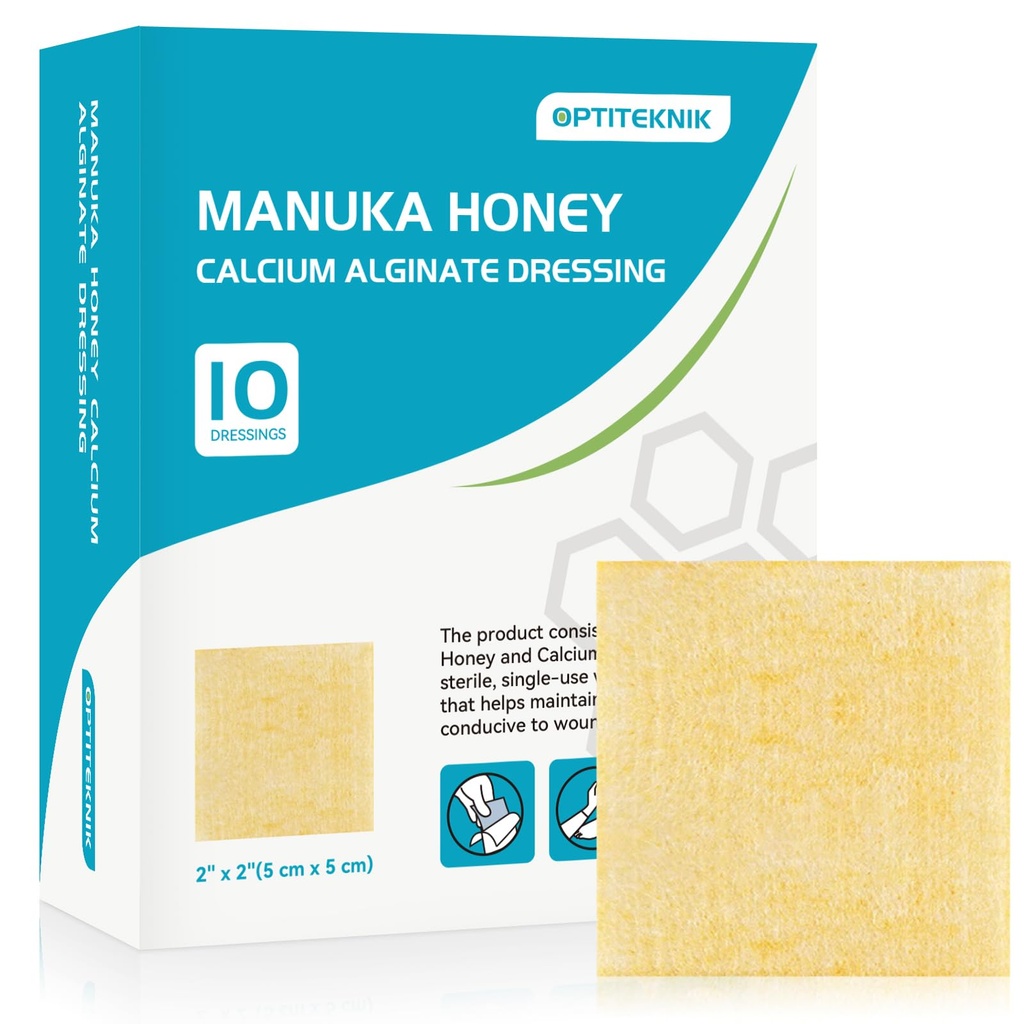 Manuka Honey Calcium Alginate Wound Dressing 2"x2" Pack of 10, Medical Grade Manuka Honey Wound Care Bandages High Absorbency Patches for Wounds