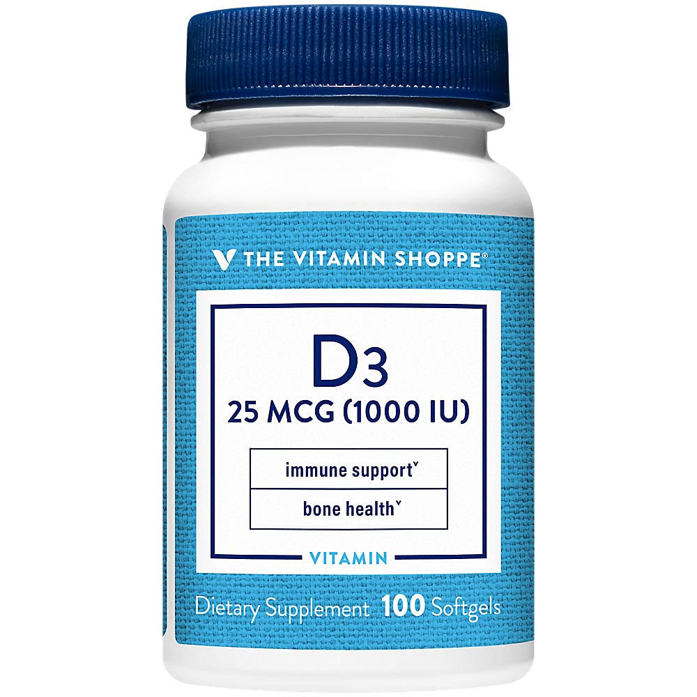The Vitamin Shoppe Vitamin D3 1000IU - Bone Immune & Cellular Health | Cholecalciferol Softgels | 100 Softgels | Gluten-Free