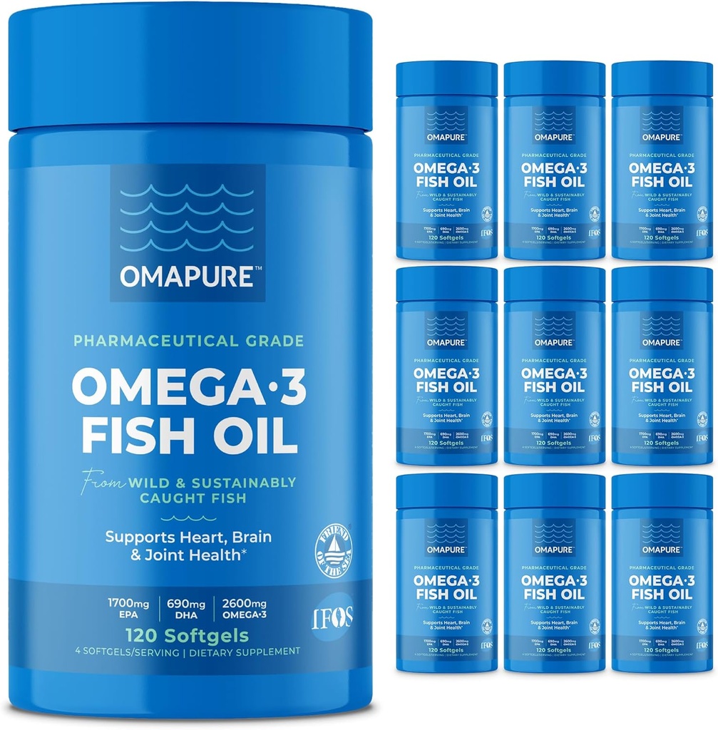 OMAPURE 野生捕捉Omega-3 配高EPA & DHA(10瓶,120软胶) - Burpless公式支持心脏和联合健康,促进大脑功能