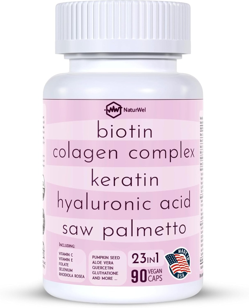 Collagen 1000mg Rhodiola Rosea 2500mg Biotin 10,000mcg, Hyaluronic Acid, DHT Blocker, Vitamin C & E, Folic Acid, Aloe Vera, Quercetin, Green Tea, Keratin, MSM - 90 Counts (90 Counts (Pack of 1)).