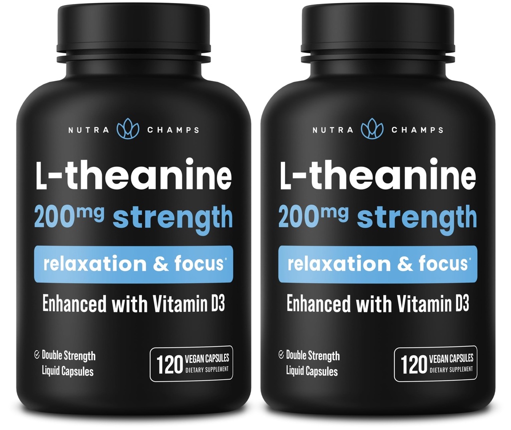 NutraChamps L-Theanine 200mg Capsules, 双层L-Thenine液体与维生素D3,有机椰油, 120 Vegan Capsules (Pack of 2)