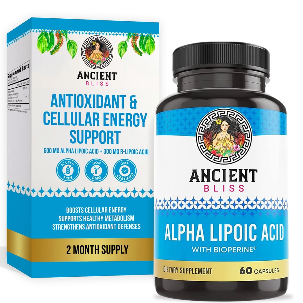 Ancient Bliss Alpha Lipoic酸补充剂、抗氧化剂和能量支持,ALA 生物素补充剂,无Gluten和Soy,每服600毫克,60 Vegan Capsules