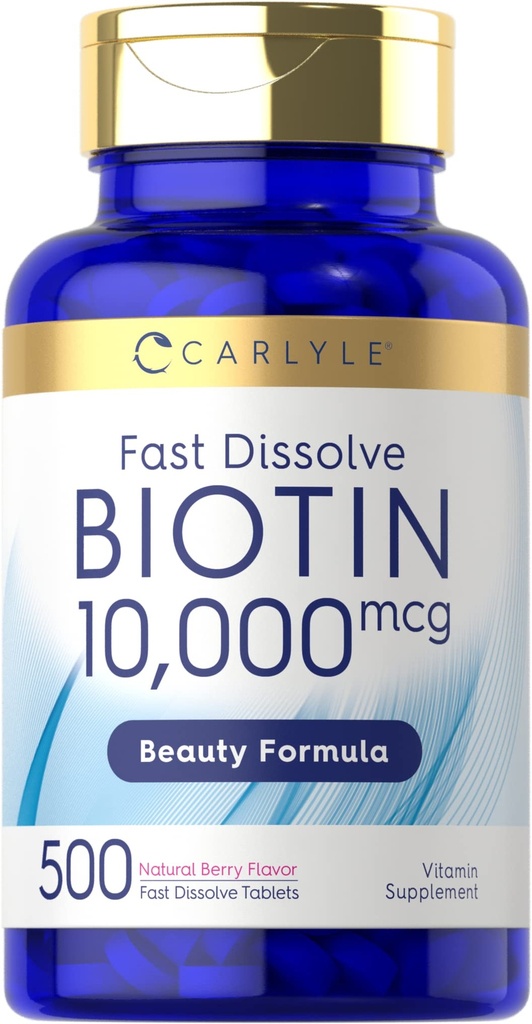 Carlyle Biotin 10,000mcg → 500 快溶板 → 毛发、皮肤和钉子 → 最大强度 → 蔬菜、非GMO、Gluten免费补充品