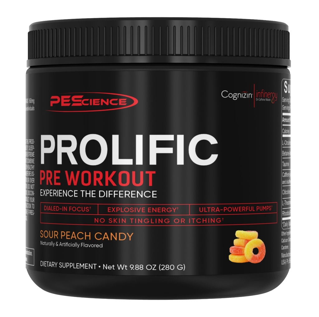PE Scientific Profic Pre Workingout Powder for Men and Women 配有 L-Citrulline Nitral Oxide 助推器,能量粉和诺特罗比用于聚焦 – Preforwood without Beta Alanine – 40 Scoops, Sour Peach Candy 的 男与女前工作粉