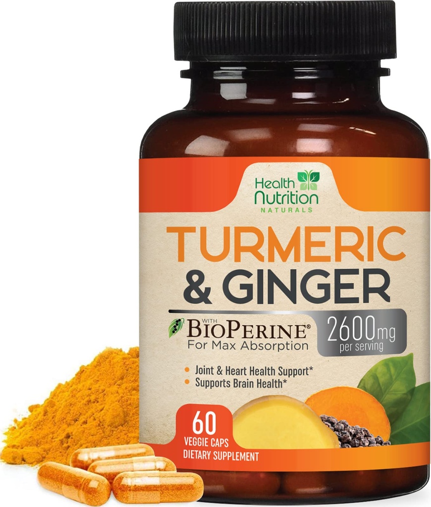 Turmeric Curcumin Supplement 2600mg - 有机姜和Turmeric,95% Curcuminoids, BioPerine Black Pepper for Best Absociation, Natural's Vegan 联合支持, Non-GMO, Bottled in USA - 60 Capsules (美国)