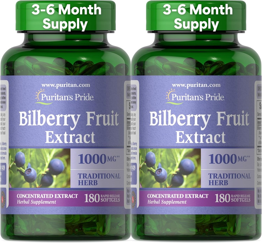 清教徒的荣耀珍品Bilberry水果提取物250毫克(1 000毫克等量),4:1 集中的传统草药补充品,维生素C,3-6个月供应,180 快速释放软胶2-包
