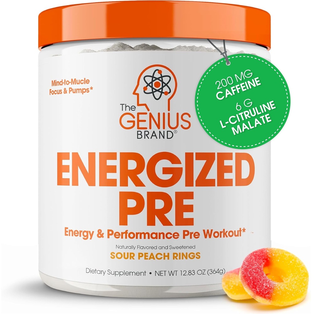 Genius Energized Pre Workingout Powder – 配有 Beta Alanine & Alpha GPC 的咖啡因浸泡前助推器补充,无人工甜甜剂或Dyes - 200mg Cafeine, 20 services, Sour Peach Rings 的咖啡因, 酸桃环