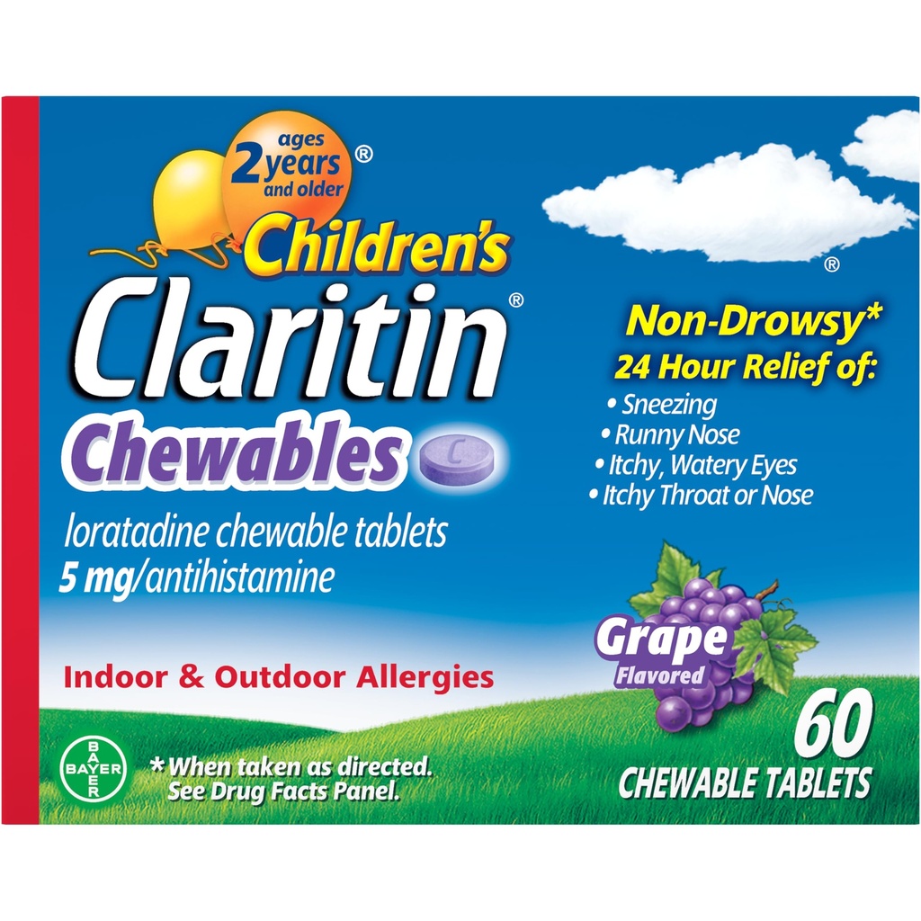 儿童Claritin Chewables 24 HR 儿童过敏医学,葡萄,60 Counter