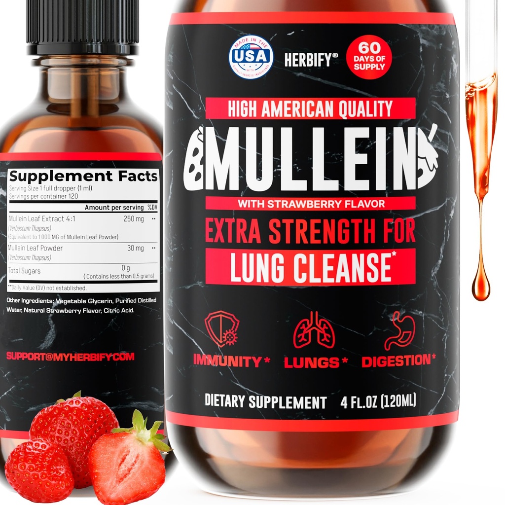 HERBIFY Mullein Drops - Lung Cleanse - 叶片提取 - 强力的Mullein用于免疫支持,解毒和呼吸支持 - 在美国制造 - 4 Oz草莓 Flavor