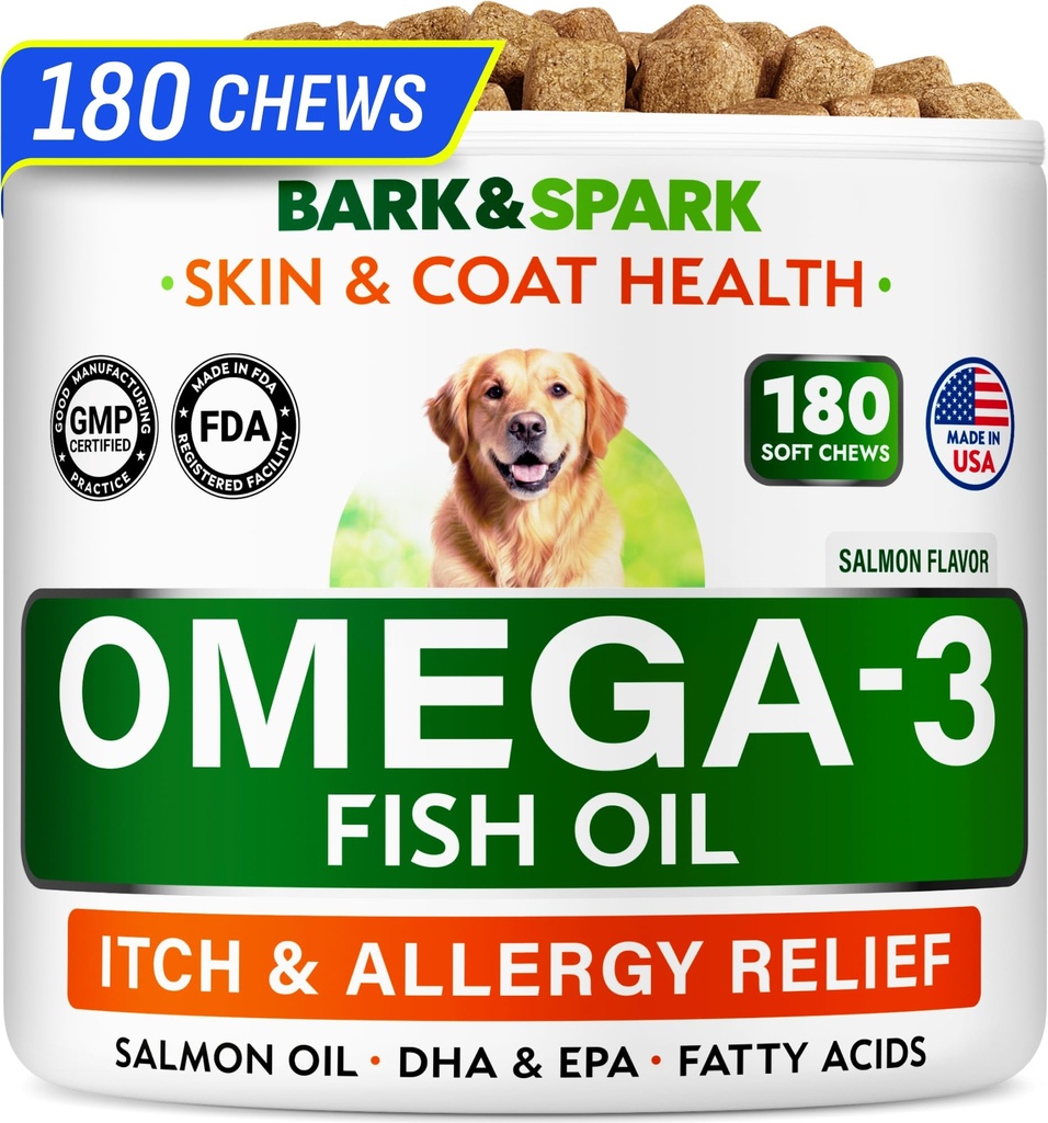 BARK & SPARK OMEGA 3 狗肉 - 180 鱼油处理 狗肉、皮肤过敏、减痒、热点治疗 - 联合健康 - 皮肤和煤炭补充 - EPA & DHA 脂肪酸 - 沙门油