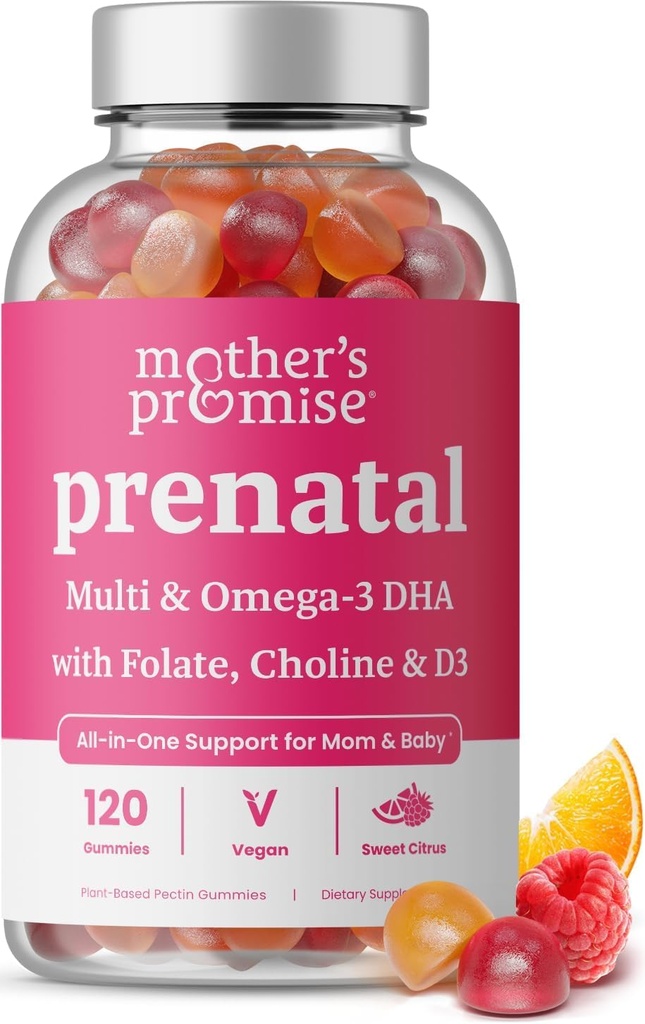 产前维生素和DHA | Vegan 产前维生素与Omega 3, 甲基folate, Choline & D3, 妊娠维生素与胎儿发育 | Gummy 多维生素补充, 120 Counter
