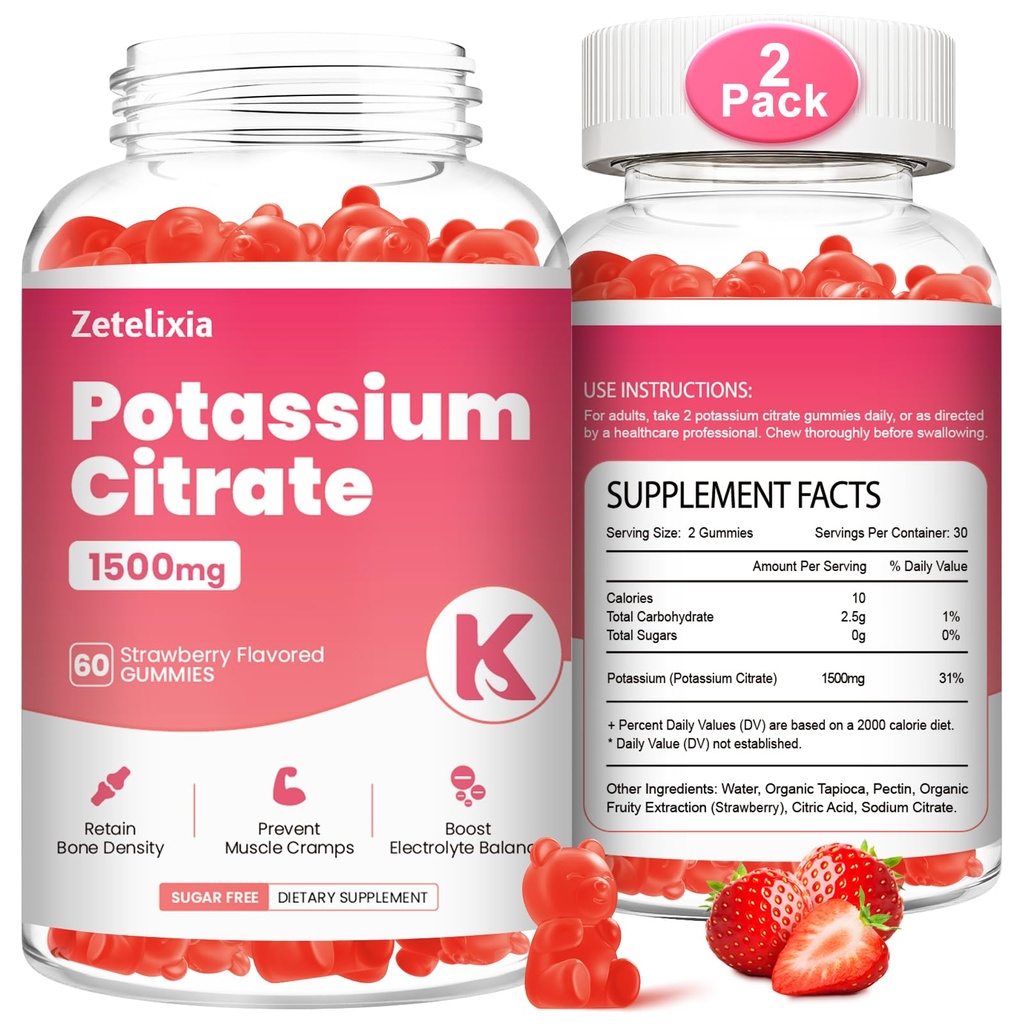 2 Pack Potassium Gummys for Aduls Women & Men, Potassium Citrate 补充剂,支持腿板,肌肉健康和电解质平衡,无糖,有机,Vegan,草莓,120Cts