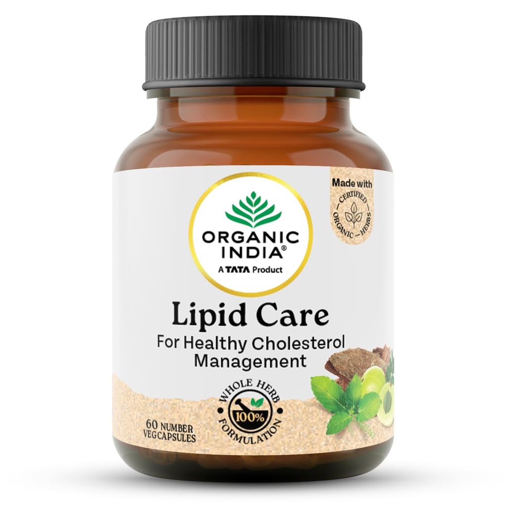 A TATA Product - Organic India Lipid Care - 60 Veg Capsules, Helps In Normal Cholesterol Levels & Lipid Levels, Lower Heart Rate & Blood Pressure, Naturally Rich In Antioxidants, GMP & NPOP Certified
