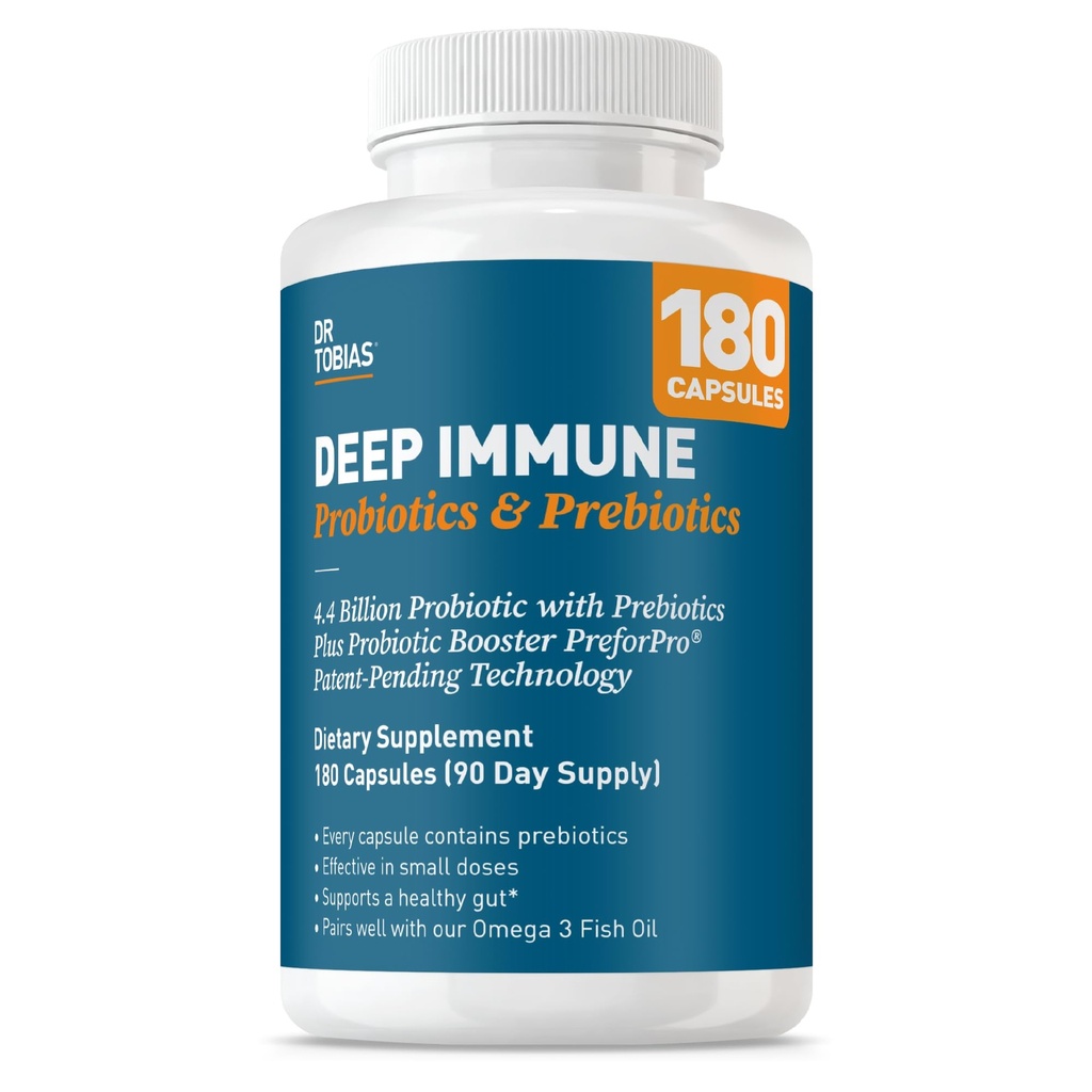 Tobias Deep Imune Probiotics & Prebiotics博士,双行动文摘和免疫支持,预生和延迟释放,为妇女和男子形成Probiotics,180个Capsules,90个服务