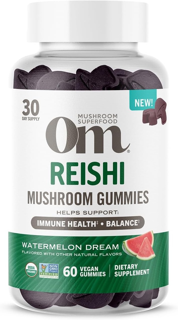 Om Mushroom Superfood Reishi Gummys,美国种植有机蘑菇,支持免疫健康,平衡和压力,60 Counter,30 service Gummy Suppers