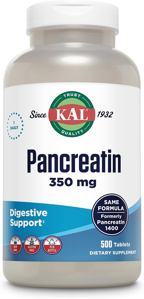 KAL Pancreatin 350mg, " 男女消化酶 " , " 消化健康支助的泛菌酶 " , " 格鲁滕自由 " , " 非GMO " , " 快速解体 " , " 60天保障 " , " 500个服务 " , " 500块药片 "