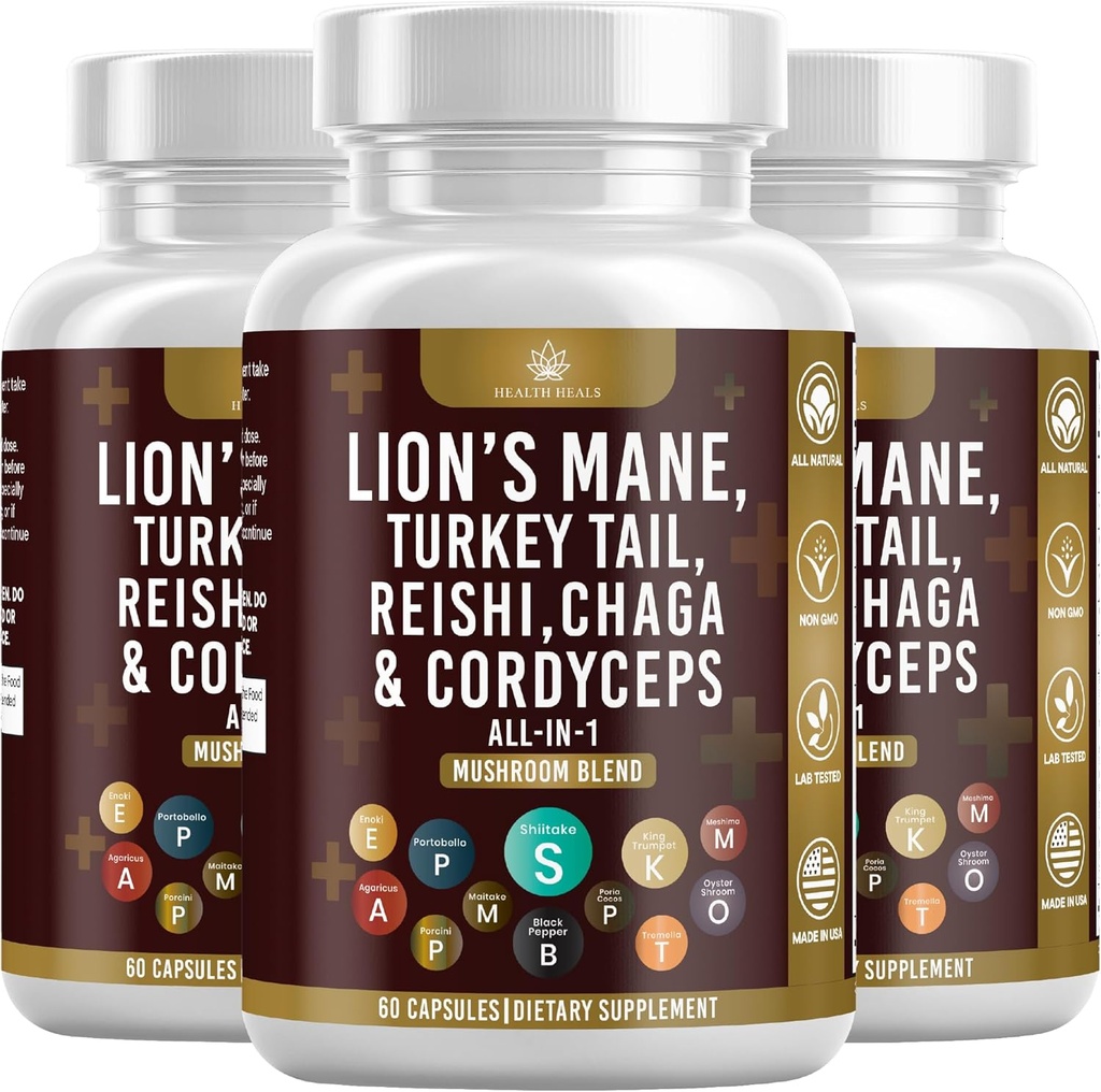 蘑菇补充剂 狮子马内 土耳其 Tail Reishi Cordyceps Chaga Marshmallow Root - 180 Count
