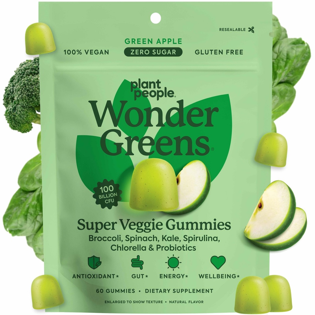 (原始内容存档于2018-09-25) (英语). Plant People Wonder Greens Veggie Gummys Super Greens with Probiotics 多维塔明支持Gummy为福祉,能源,Immune和Gut Health, Green Apple Flavor (60 Counter)