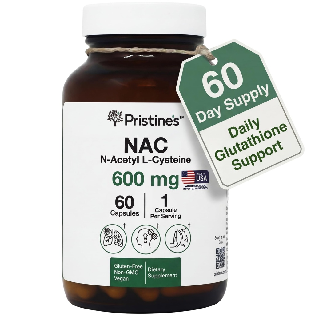 PRISTINE的N-乙酰L-Cysteine(NAC) 600MG 60天供应补充 Capsules - Glutathione & Liver 解毒支持 - 强抗氧化剂 - Vegan, Gluten Free, 非 GMO Glass Bottle