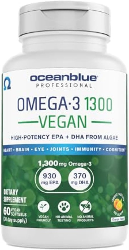 海洋蓝专业 Vegan Omega 3 1300-60 Counter - 植物鱼油替代品,高概率 Vegan DHA EPA藻类石油补充剂 - 非GMO, 30名服务人员