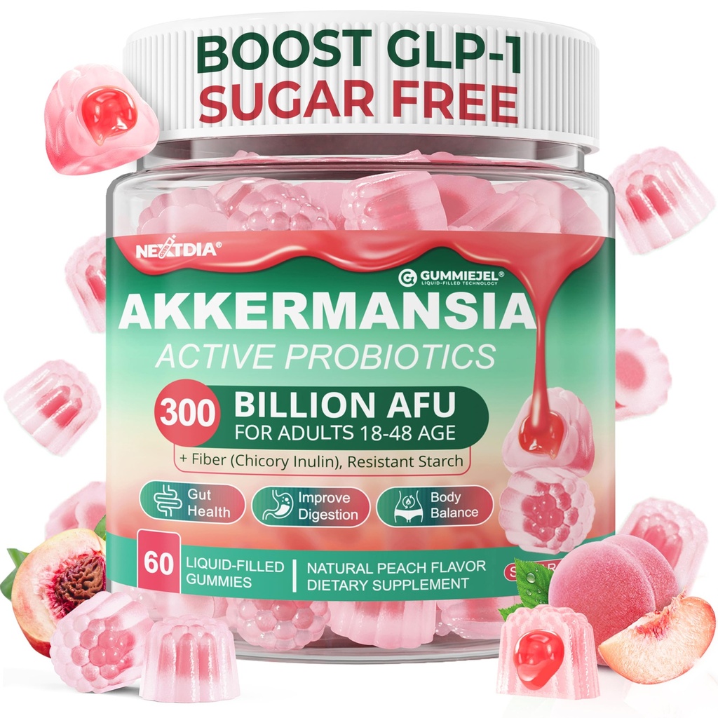 Akkermansia Probiotics Gummys with Prebiotics Fiber, 300亿 APU Akkermansia Muciniphila, 配有多酚水果,Resistant Starch,维生素A D3 B2 代谢, 消化和古特健康, 1Pack